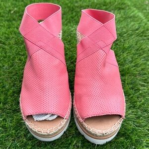 gentle souls Coral Pink Crisscross Espadrille Wedge Sandals